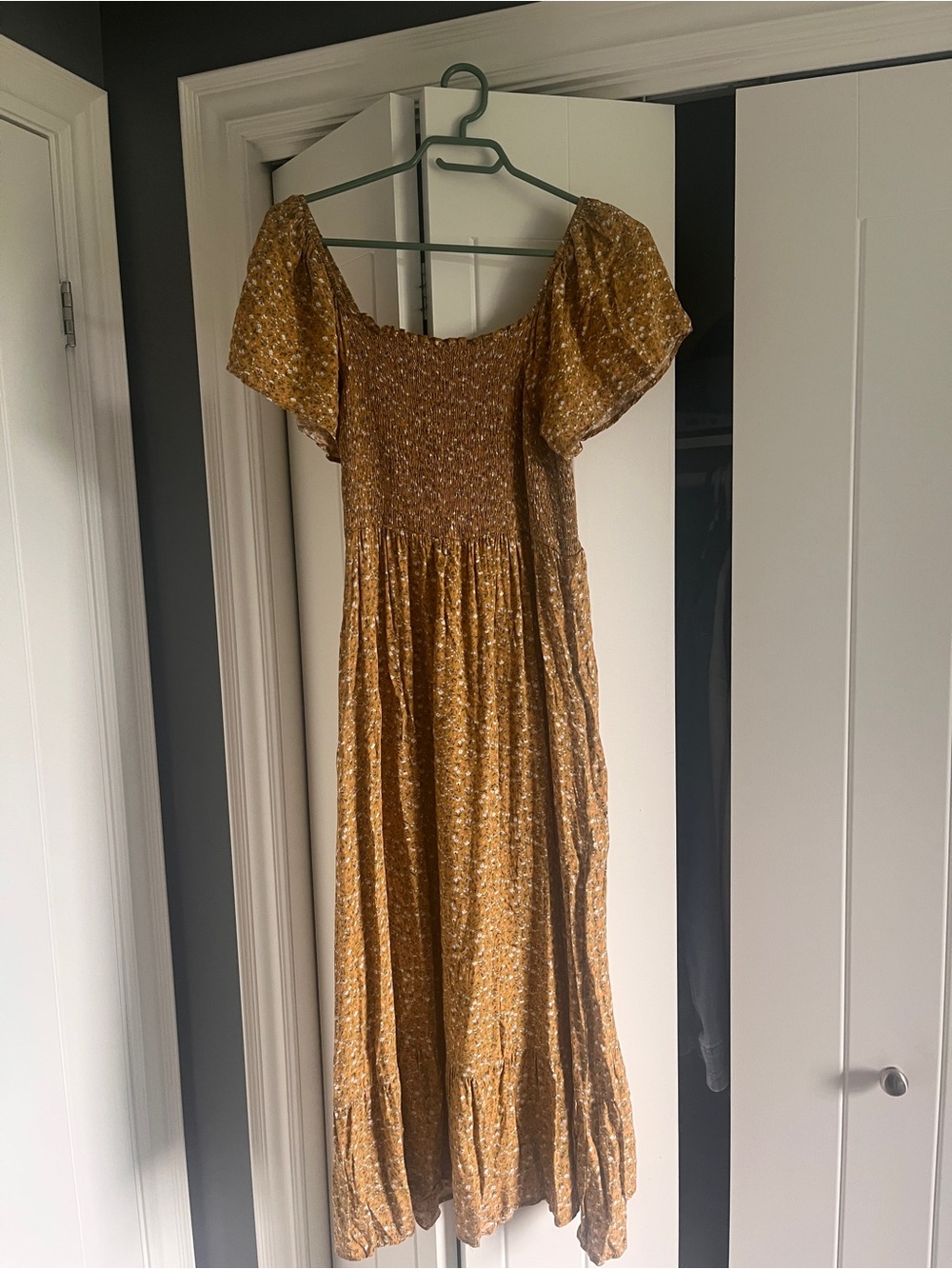 Smocked Mustard Floral Maxi Dress with Puff Sleeves